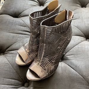 BCBG silver metallic heels